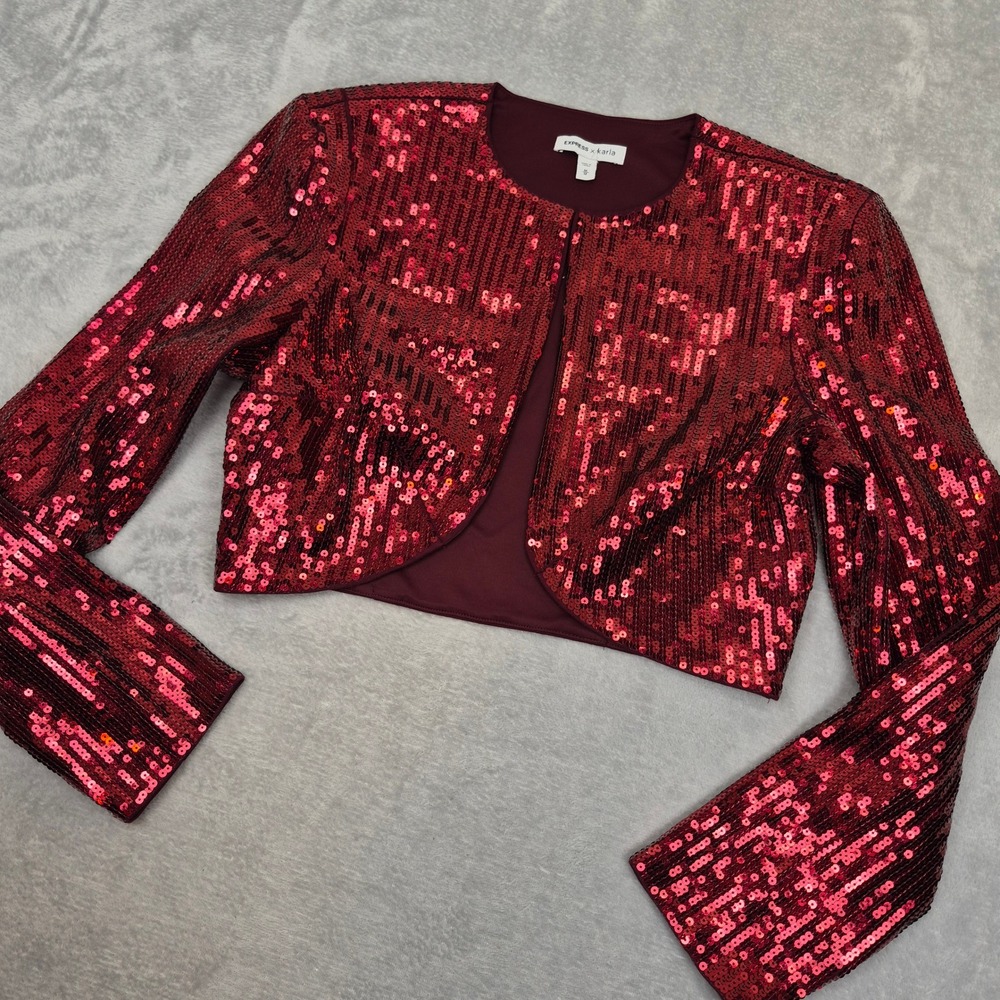 Express x Karla Red Sequin Cropped Bolero Jacket Medium Ruby Sparkle Shrug